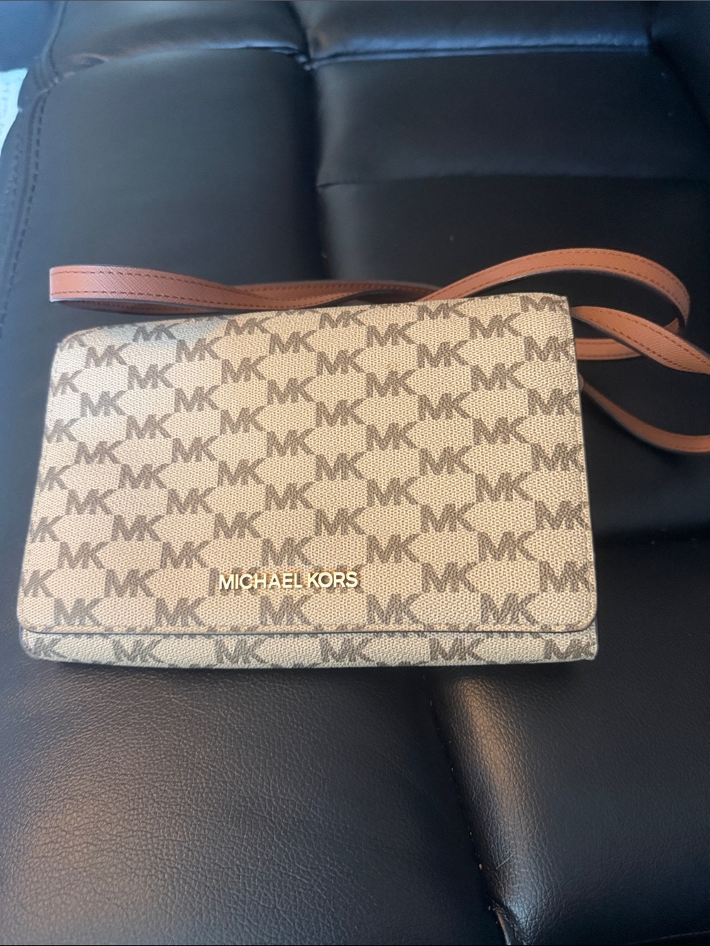 Michael Kors Tan MK Logo Crossbody with Brown Strap